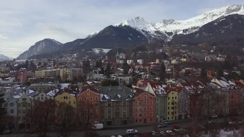 Aerial view of buildings and mountains