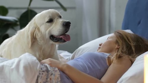 Woman Relaxing in Bed with Golden Retriever