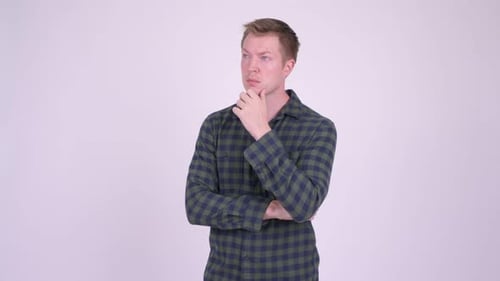 Young Man Thinking with Various Emotions Against White Background