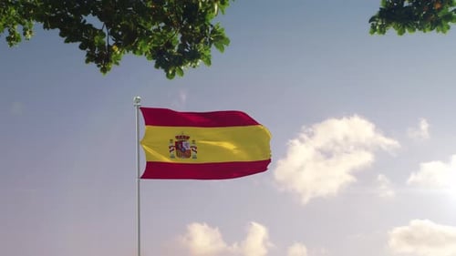 Flagge Spaniens mit moderner Stadt