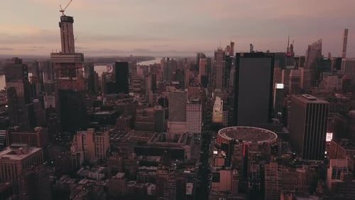 AERIAL: Manhattan, New York City in Red Dawn Sunset Light