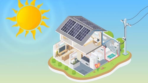 Isometric House with Solar Panels and Energy Flow Animation