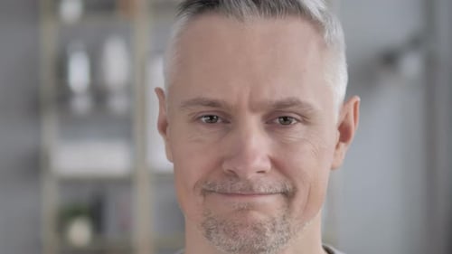 No, Face Close Up of Gray Hair Man Shaking Head To Reject