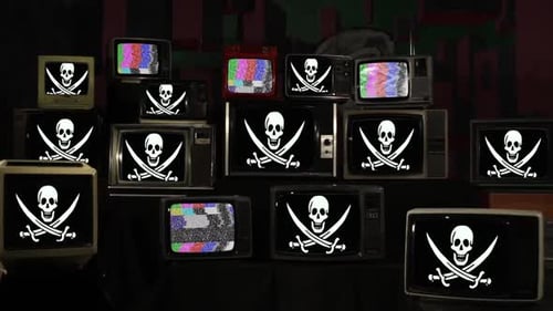 Pile of Old TV Showing Pirate Skull Image