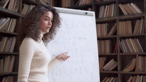 Woman Explains Math Equations on Whiteboard