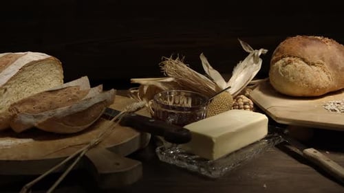 Variety of fresh baked loaves of breads