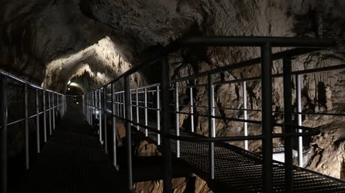 Beautiful decorations inside cave 3840X2160 UltraHD tilting footage - Entrance of natural undergroun