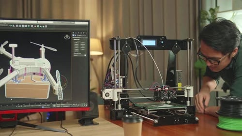 Engineer Work On 3D Printer And Personal Computer, Screen Shows Cad Software With 3D Of Drone