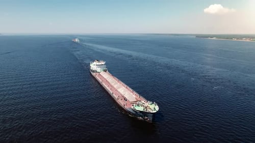 Aerial Panorama View Cargo Ship Floating on Sea Global Delivering Traffic Nautical Vessel