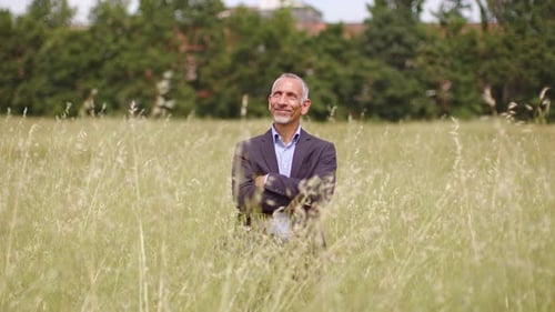 Smiling businessman standing in meadow with arms crossed