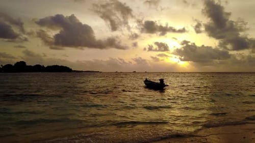 Aerial drone view seascape of idyllic bay beach adventure by blue sea and white sand background of j