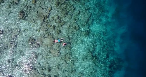 Wide birds eye abstract view of a paradise sunny white sand beach and blue water background