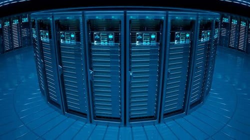 Countless modern server cabinets in a render farm. Dark, futuristic room. 4KHD