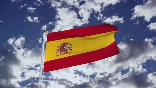 Animated Spanish Flag Waving in Blue Sky with Clouds