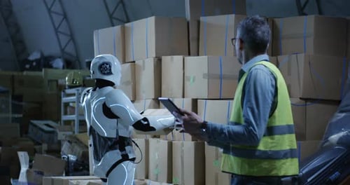 Man Watching Robot Working in a Warehouse