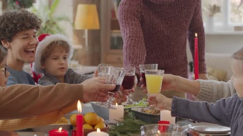 Family Celebrates Christmas Together With A Toast