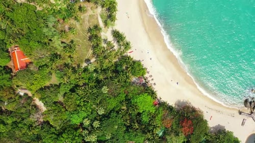 Aerial drone shot travel of marine tourist beach time by blue sea with white sand background of a da