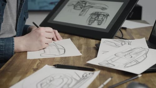 Nahaufnahme von Händen, die mit Bleistift auf Papier zeichnen