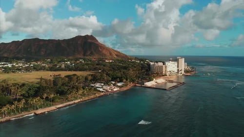 Aerial drone footage of Honolulu, Hawaii.
Beautiful real estate, buildings in the city.
Palm trees