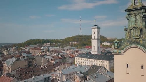 Aerial City Lviv, Ukraine. European City. Popular Areas of the City. Town Hall