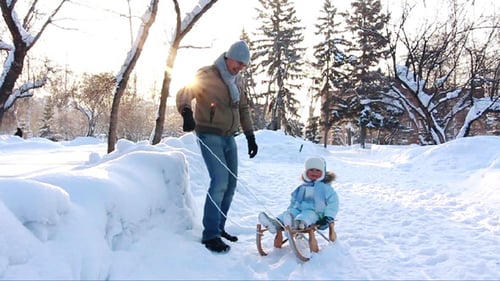 Young Father Sledding His Child in Winter Park