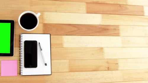 Office Desk Flat Lay with Tablet Green Screen