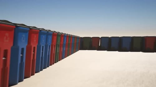 Recycle logo made out of recycle bins on a plain field in a sunny weather. 4KDH