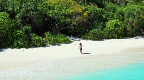 Single female tans on paradise coast beach voyage by clear sea and white sandy background of the Mal