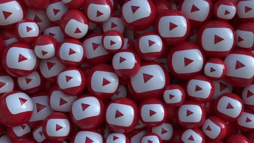 Falling Red Play Button Spheres Dynamic Motion Background