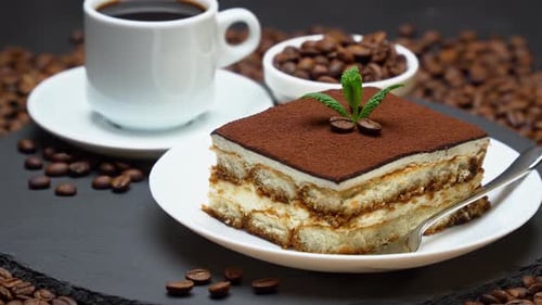 Tiramisu and Coffee with Coffee Beans