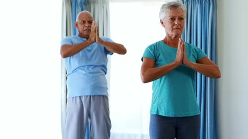 Mature Couple Practicing Yoga Pose Together