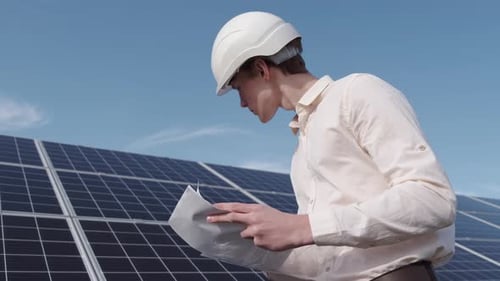 Ein Mann überprüft das Solarpanel in der Anlage