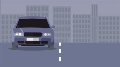 Flat Design Car Driving Animation on City Road Background