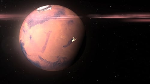 Futuristic 3D Space Shuttle Flying Past Red Planet