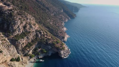 Landscape of the Mediterranean Sea and Rocky Coastline with Wild Harbor and Moored Yachts