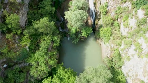 Drone Shot of Waterfall and Turquoise Pool