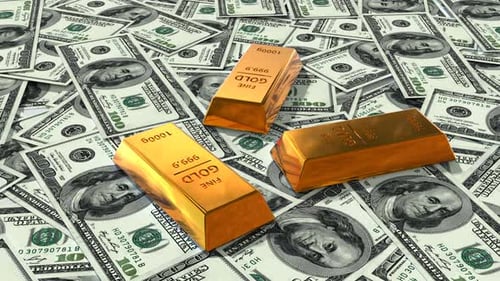 100 dollar bills with gold bars background. Many banknotes.
