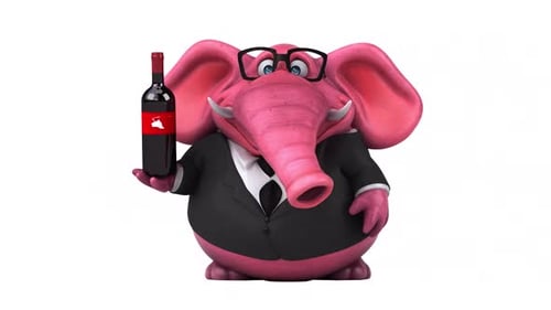 3D Cartoon Pink Elephant Business Character Holds Wine