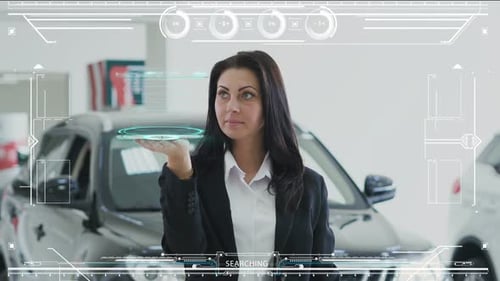 Woman Holding Digital Display in Modern Car Dealership