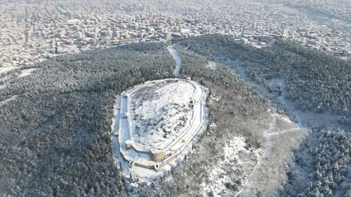 Aerial View Historical Castle Covered Snow
