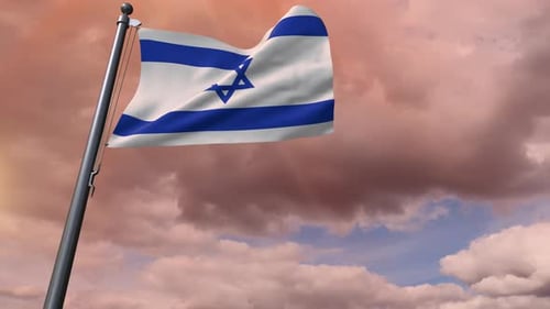 Waving Flag of Israel against a Sunset Sky