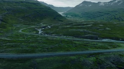 Drone Shot of Epic Winding Road in Iceland Fjord