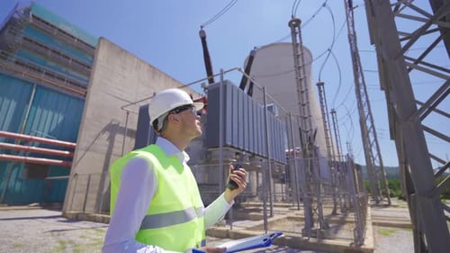 Young Engineer works at the power plant.