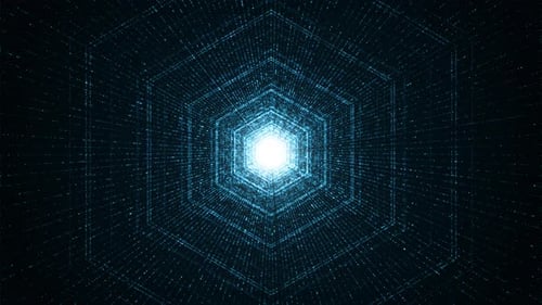 Blue hexagon shape and light beam with digital technology abstract background seamless loop video