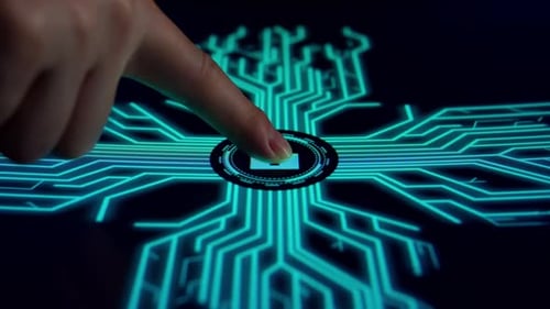Der menschliche Finger drückt auf den digitalen Tastendruck, während sich futuristische künstliche Intelligenz verbreitet