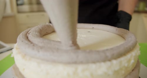 Close Up. Woman Hands Making Cake with White Cream and Biscuit. V7