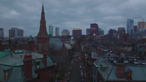 Fly Above Urban Borough with Houses and Church with Red Brick Facades