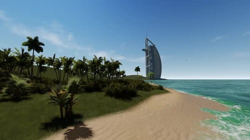 Tropical Beach with Modern Skyscraper and Palm Trees