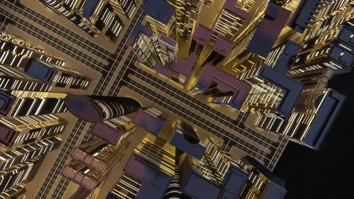 Render 3D de una ciudad brillante abstracta con rascacielos. Formas simples de edificios