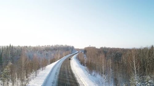 Road Through Winter Birch Forest Covered With Hoarfrost.